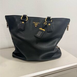 Prada Black Pebbled Leather Tote with Gold-Tone Hardware